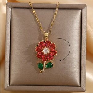 18K Gold Plated Red Turning Flower Diamond Pendant Necklace